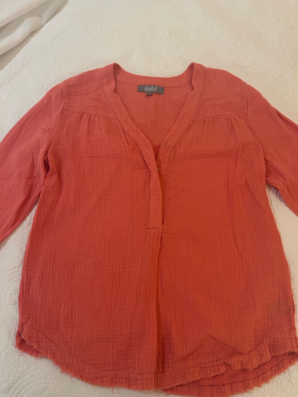 Marled essentials Coral-Red Gauze Button Front Blouse